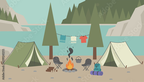 Cozy campsite layout by a lake featuring two tents, a warm campfire, folding chairs, and laundry drying on a line.