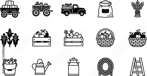 Tableau sur toile Set of black and white farm and harvest icons featuring wagons trucks vegetables