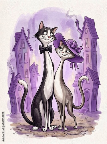 Artistic illustration of elegant cats standing together in a town  