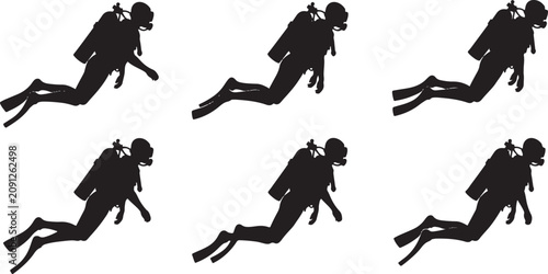 Tableau sur toile Underwater diver silhouettes, scuba divers in various swimming poses vector graphics on transparent background