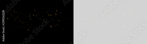Every shimmer a luxurious atmosphere. Brilliant festive light bursts into glowing gold sparkle, glitter dust, radiant lens flare, floating stars and elegant bokeh. Vector illustration PNG.