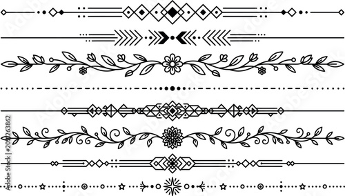 Canvastavla A collection of eight distinct decorative horizontal text dividers featuring a mix of geometric shapes, floral motifs, and intricate minimalist line art elements