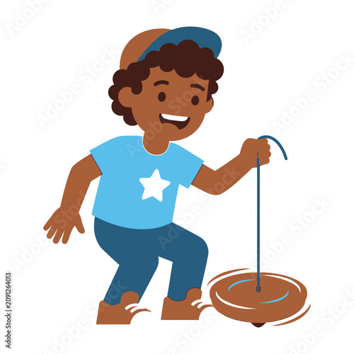 фотографія Smiling brown skinned boy playing with spinning top toy outdoors recreational ac