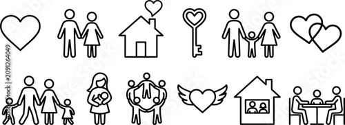 Bild auf Leinwand A collection of twelve simple black outline icons representing family life, love
