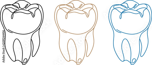 Tableau sur toile A minimalist set of three stylized molar tooth illustrations rendered in continuous line art with distinct black, gold, and blue color outlines isolated