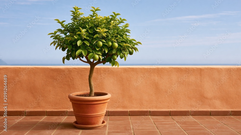 Fototapeta premium Potted lime tree with green fruit on a terrace overlooking the sea