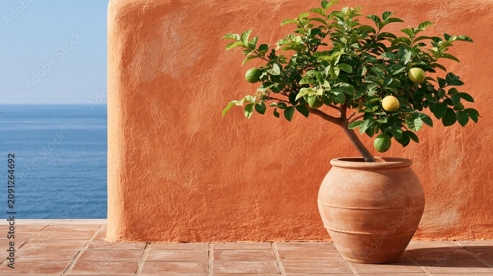 Fototapeta premium Potted lime tree with fruit on a terracotta terrace overlooking the sea