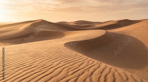 Fotografie Serene rolling sand dunes with wind ripples under a warm golden sunset sky in th