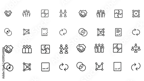 Business interaction and connection icons showing handshake puzzle and people network.
