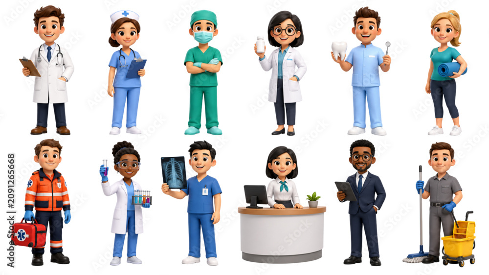 Fototapeta premium Diverse 3D Healthcare Staff Character Set with Doctors Nurses Dentist Surgeon and Medical Workers Isolated on White Background
