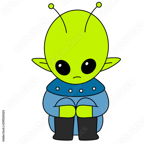 Cute green alien with big black eyes