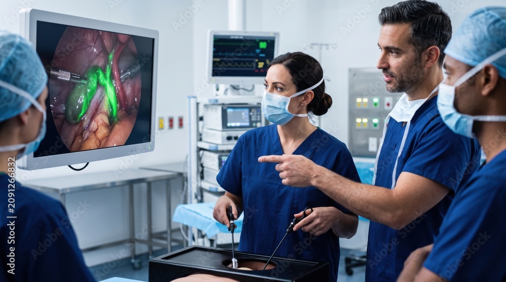 Fototapeta premium Surgeons using robotic laparoscopic technology in operating theater. Medical team performing minimally invasive surgery with monitor display. Innovative healthcare diagnostic equipment.