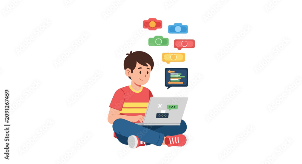 Fototapeta premium Young Boy Learning Coding and Software Development on Laptop Illustration - STEM Education and Digital Literacy Concept