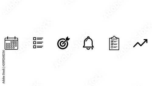 Business and productivity linear icons set for project management tracking and planning.