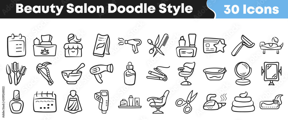 Naklejka premium Collection of thirty hand drawn beauty salon icons doodle style