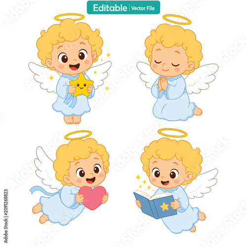 Foto Set of Cartoon Angel Characters Holding Star, Praying, Holding Heart, Reading Bo