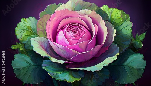 cabbage rose a type known for its densely packed globular blooms resemble a cabbage head the image physically merges the two items that share a common name in a visually striking pop art style