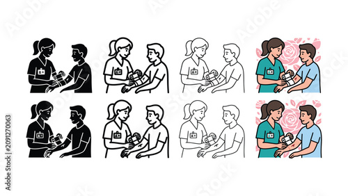 Bild auf Leinwand Diverse students getting vaccinated with healthcare workers flat vector illustra