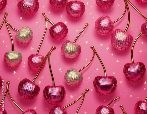 seamless candy pink background with disco cherries pattern