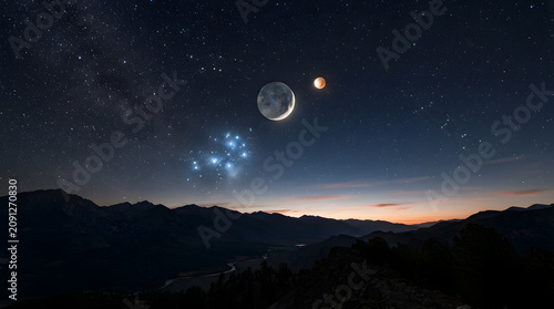 Starry Night Sky Over Mountains with Moon, Eclipsed Planet, and Pleiades Star Cluster