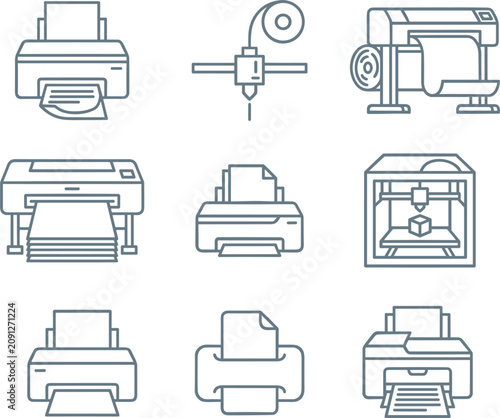 Obraz na płótnie Industrial printing machinery and home office desktop printer icons set featurin