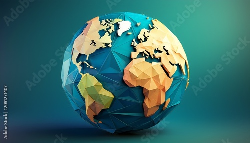 low poly earth globe with continents and oceans on a blue gradient background