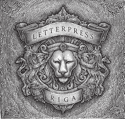 Vintage Lion Head Heraldic Crest Emblem in Detailed Woodcut Engraving Style