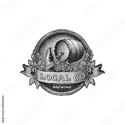 Vintage Craft Brewery Logo Badge with Wooden Beer Barrel and Glass