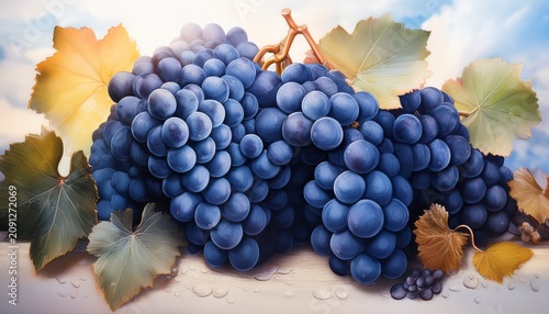 blue grape clusters with painterly mediterranean fruit market aesthetic