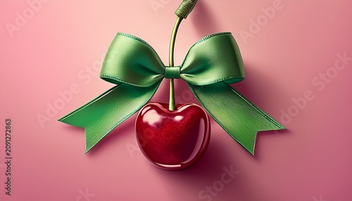 juicy ripe sweet cherry with a green decorative bow creative aesthetic fruit layout pastel pink background