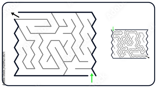 Rectangular maze for kids, medium difficulty printable logic game, find the way from start to exit, black and white line art, activity worksheet page with solution