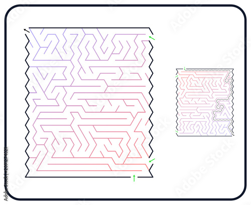 Rectangular maze for kids, medium difficulty printable logic game, find the way from start to exit, colorful line art, activity worksheet page with solution