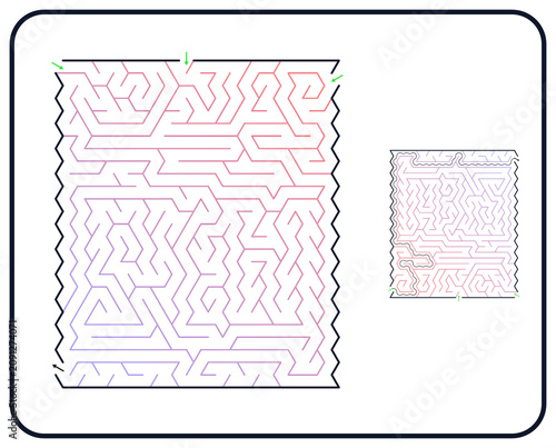 Rectangular maze for adults, medium difficulty printable logic game, find the way from start to exit, gradient line art, activity worksheet page with solution