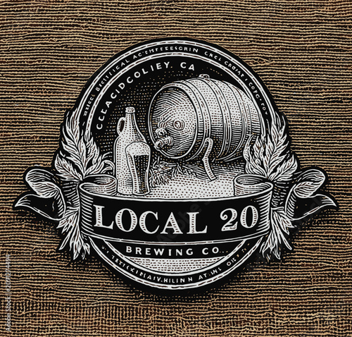 Vintage Brewery Logo Emblem with Beer Barrel and Glass
