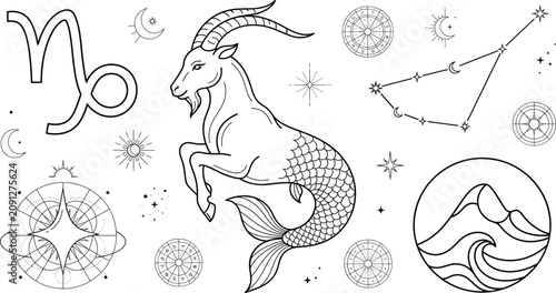 Foto Capricorn Zodiac Sign Bundle with Mystical Sea Goat Constellation and Astrologic