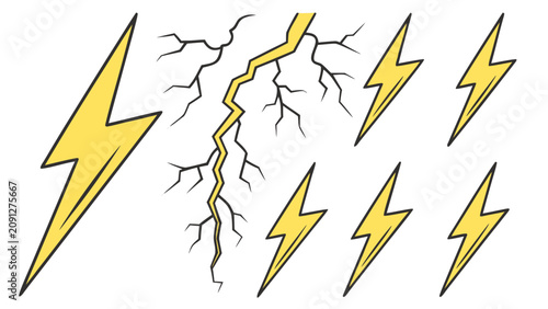 Electricity flows through multiple yellow lightning bolts in the air