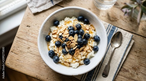 Healthy breakfast or snack bowl featuring creamy cottage cheese generously topped with fresh blueberries, toasted almond slivers, and a golden honey drizzle, served on a rustic wooden table.
