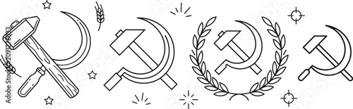 Schilderij op canvas Hammer and Sickle Communist Symbol Line Art Vector Icon Set