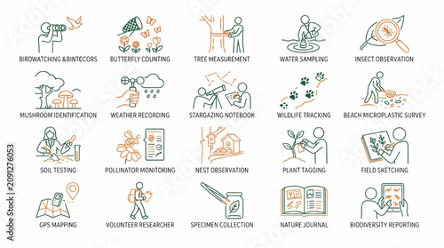 Citizen Science Field Activities Flat Outline Two Color Vector Icon Pack People Collection