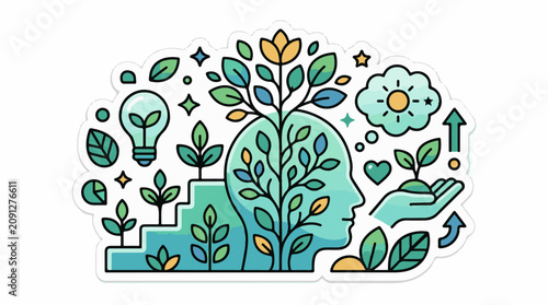 A colorful illustration of a human head with plants growing out of it