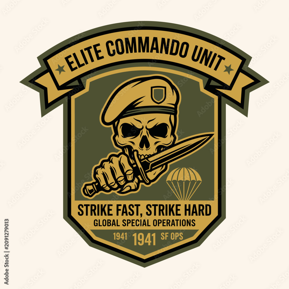 Fototapeta premium Elite Commando Unit Strike Fast Strike Hard Skull Dagger Shield