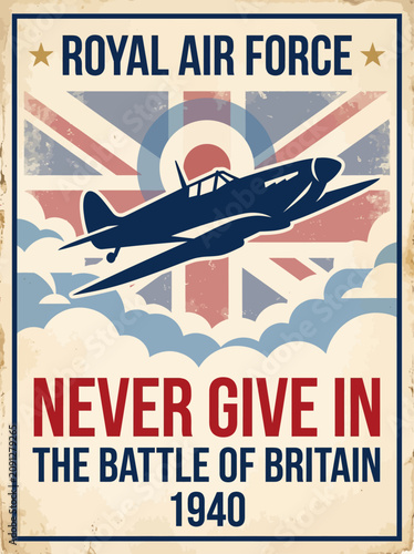 Tableau sur toile Royal Air Force Never Give In Battle of Britain Vintage Poster