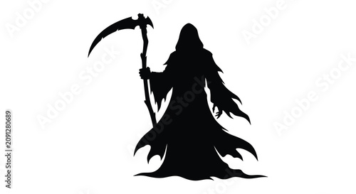 Foto Grim reaper with scythe dark figure black silhouette
