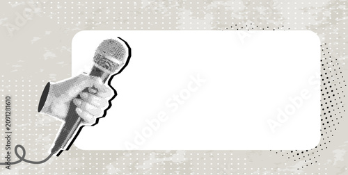 Fotografía Trendy Halftone Collage hand holding microphone on half tone background with space for text or advertisement