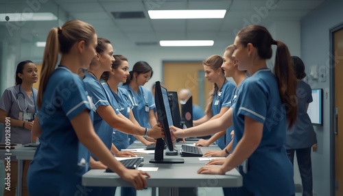 A team of professional healthcare workers collaborating at a digital nursing station in a brightly lit hospital corridor during their busy shift