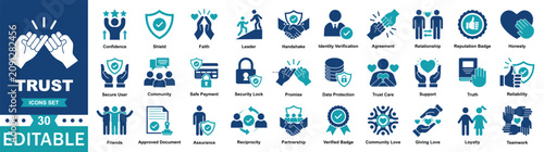 Schilderij op canvas Trust, security and reliability solid icon set for verification, partnership, honesty, community support, reputation, identity protection, and agreement symbols