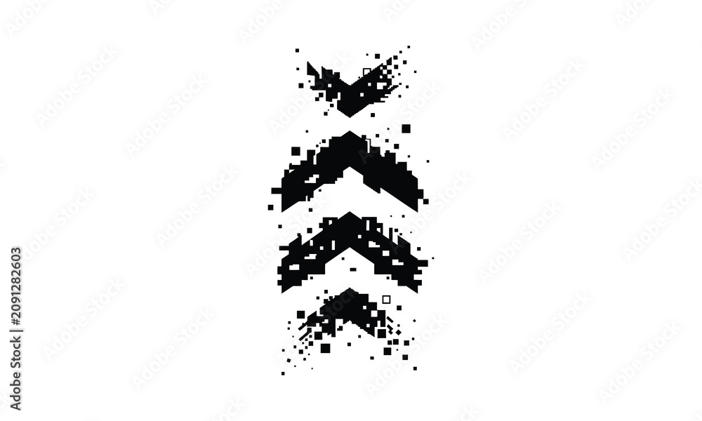 Obraz premium Glitchy pixel art design with abstract black shapes on white background for creative digital projects