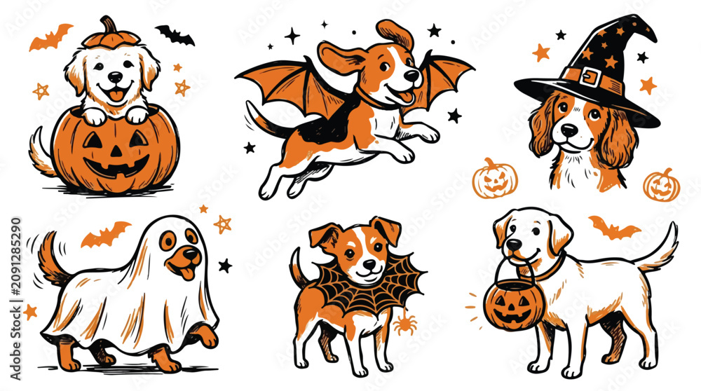 Fototapeta premium Cute Halloween Dogs and Puppies Vector Set, Playful Pets in Witch Ghost Bat and Pumpkin Costumes on White Background