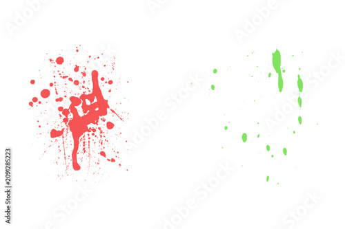 Splash of Red and Green Paint Drops Scattered on White Background Abstract Art