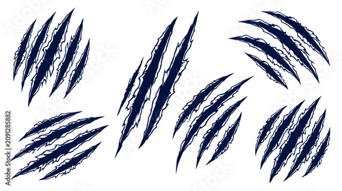 Collection of dark blue claw marks scratches on a for design or art projects